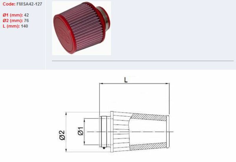 Filtre à air BMC conique Ø42mm - FMSA42-127 