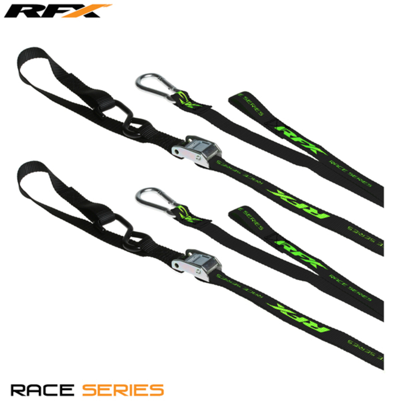 Sangles d'arrimage RFX série 1.0 Race (Noir/Haute visibilité) avec boucle supplémentaire et clip mousqueton 