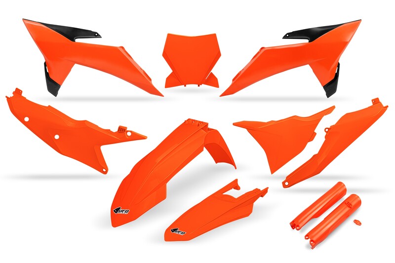 Kit plastiques complet avec protections de fourche UFO - orange fluo