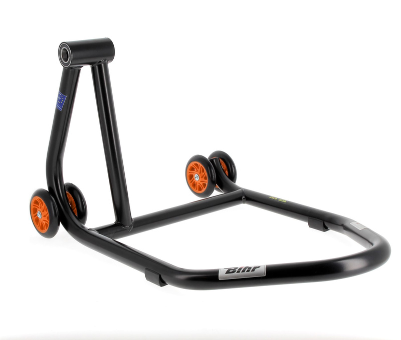 Béquille de stand monobras gauche BIHR Home Track noir mat roues orange 